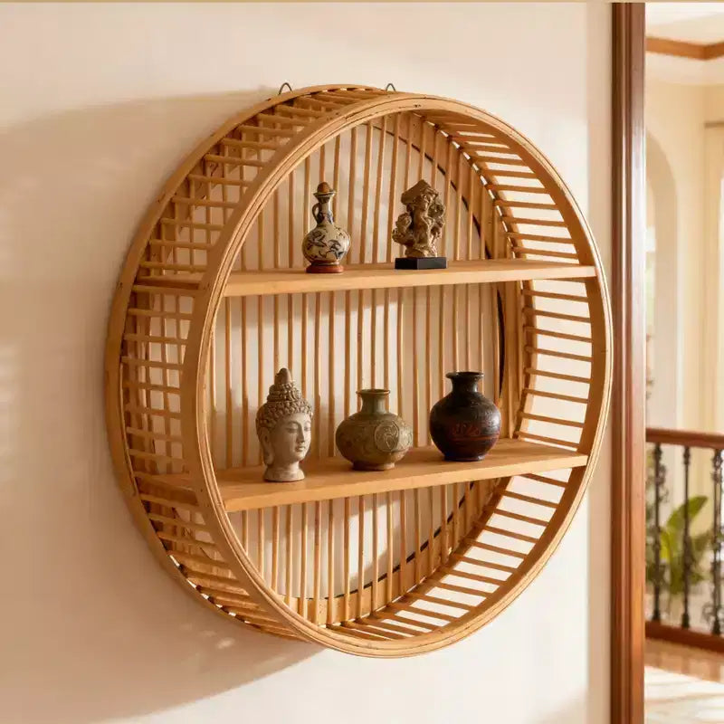 Étagère murale ronde en bambou avec 2 niveaux en bois, étagère flottante de présentation