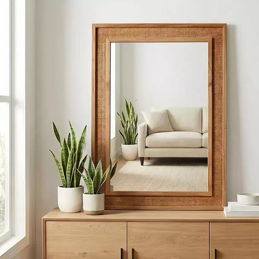 Miroir mural décoratif en rotin et bois massif style ferme