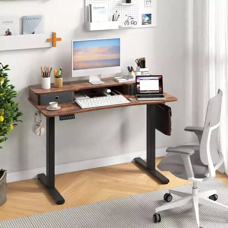 Bureau électrique debout 48"x24" avec 2 tiroirs, support d'écran et étagère de rangement