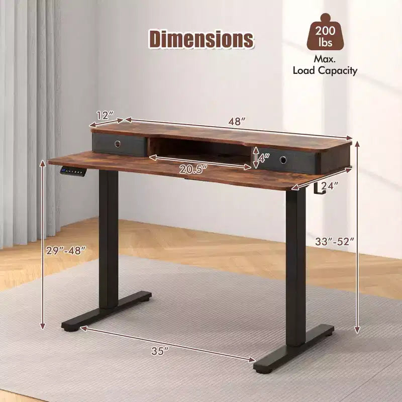 Bureau électrique debout 48"x24" avec 2 tiroirs, support d'écran et étagère de rangement