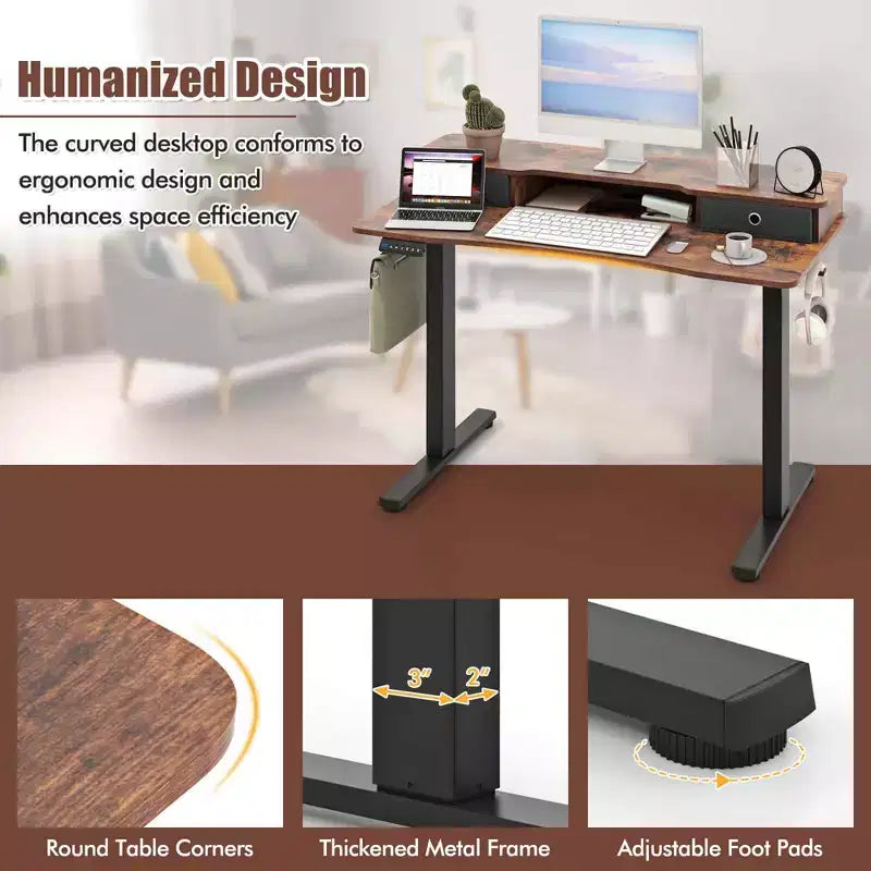 Bureau électrique debout 48"x24" avec 2 tiroirs, support d'écran et étagère de rangement