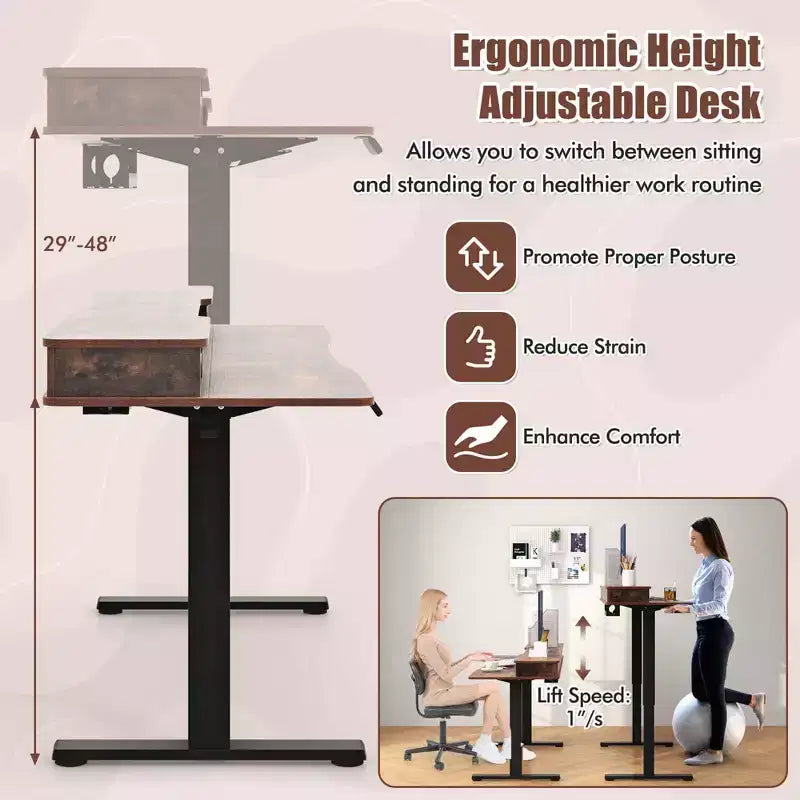 Bureau électrique debout 48"x24" avec 2 tiroirs, support d'écran et étagère de rangement