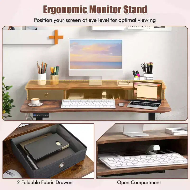 Bureau électrique debout 48"x24" avec 2 tiroirs, support d'écran et étagère de rangement