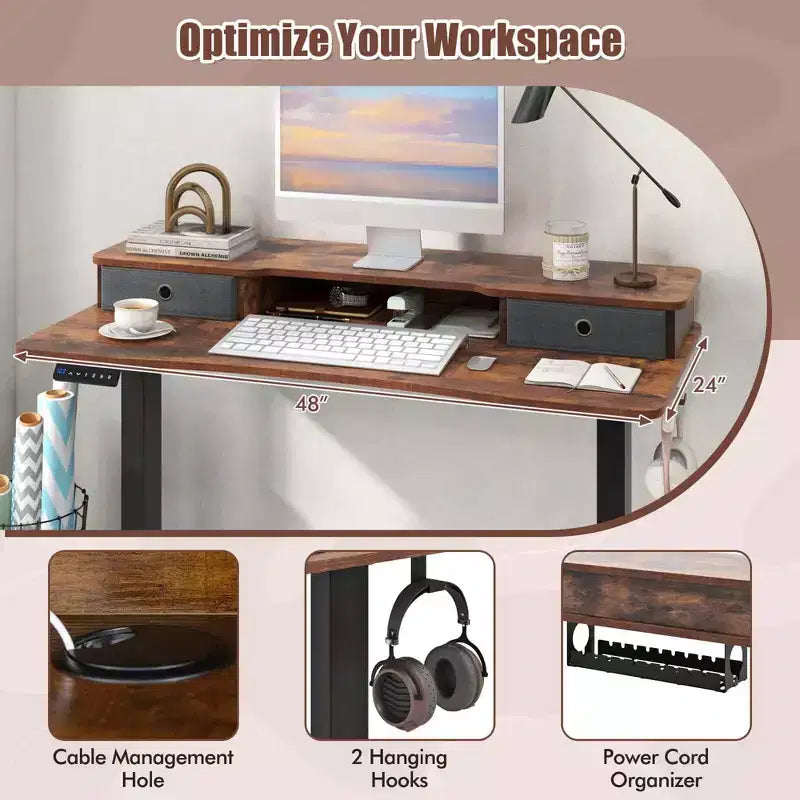 Bureau électrique debout 48"x24" avec 2 tiroirs, support d'écran et étagère de rangement