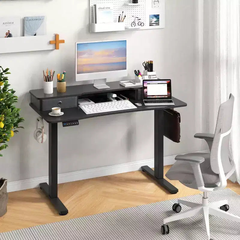 Bureau électrique debout 48"x24" avec 2 tiroirs, support d'écran et étagère de rangement