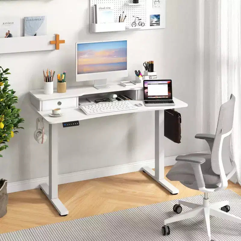 Bureau électrique debout 48"x24" avec 2 tiroirs, support d'écran et étagère de rangement