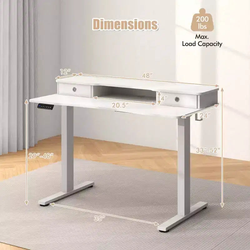 Bureau électrique debout 48"x24" avec 2 tiroirs, support d'écran et étagère de rangement