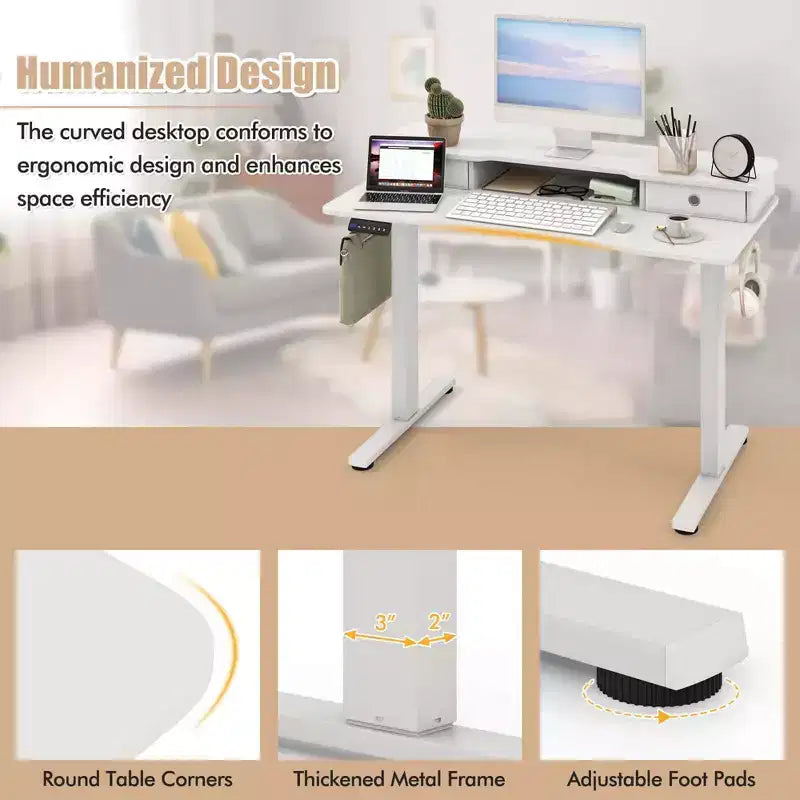 Bureau électrique debout 48"x24" avec 2 tiroirs, support d'écran et étagère de rangement