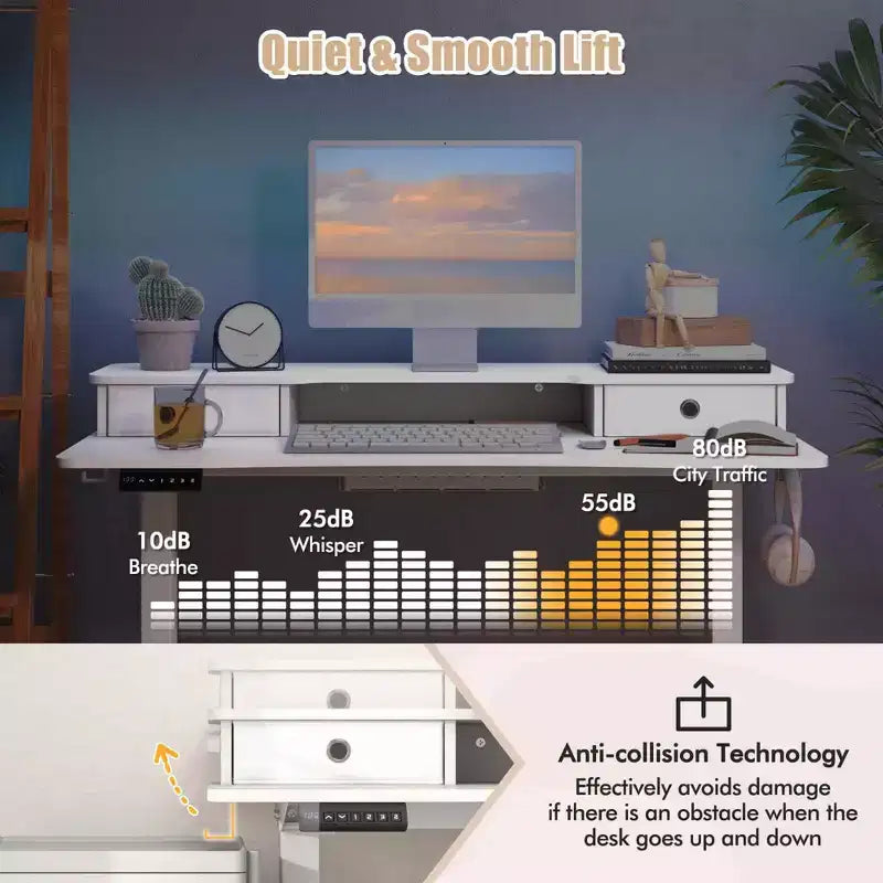 Bureau électrique debout 48"x24" avec 2 tiroirs, support d'écran et étagère de rangement