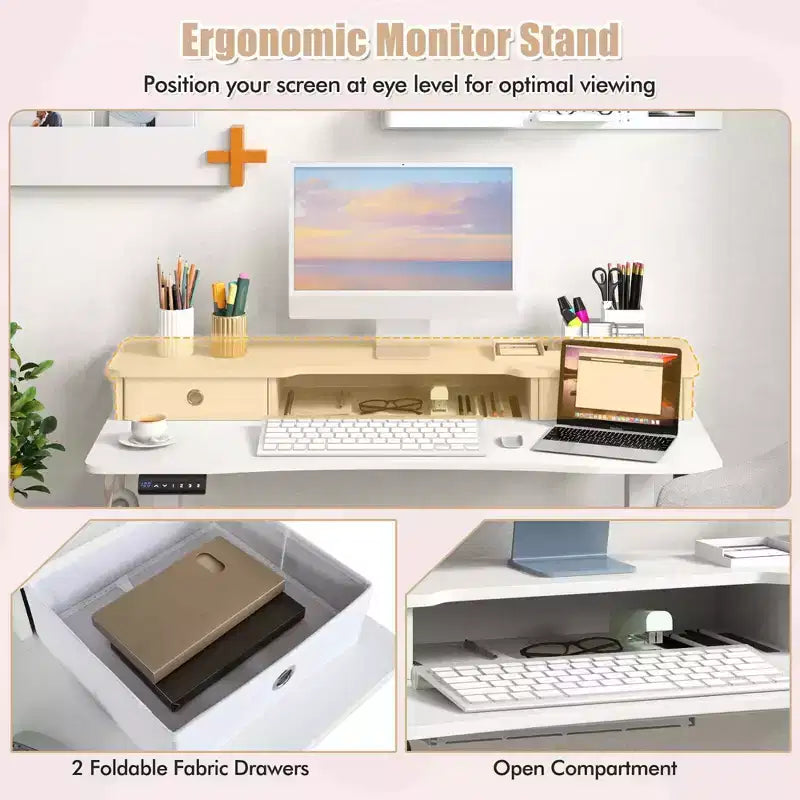 Bureau électrique debout 48"x24" avec 2 tiroirs, support d'écran et étagère de rangement