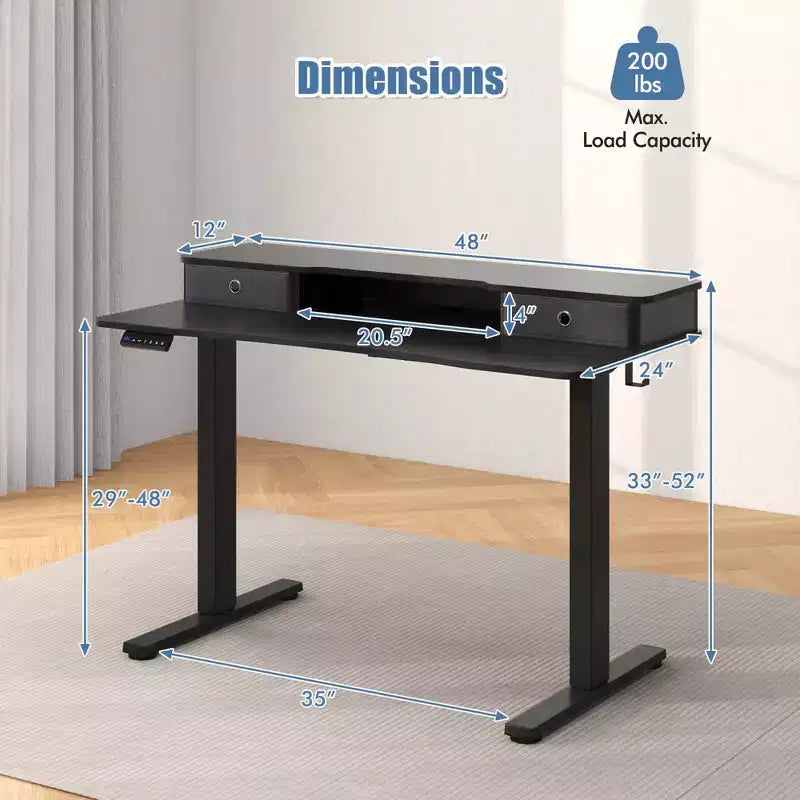 Bureau électrique debout 48"x24" avec 2 tiroirs, support d'écran et étagère de rangement