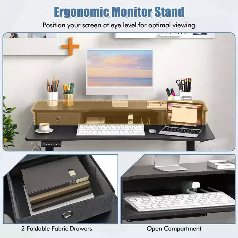 Bureau électrique debout 48"x24" avec 2 tiroirs, support d'écran et étagère de rangement