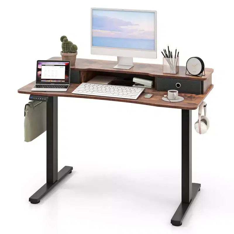 Bureau électrique debout 48"x24" avec 2 tiroirs, support d'écran et étagère de rangement