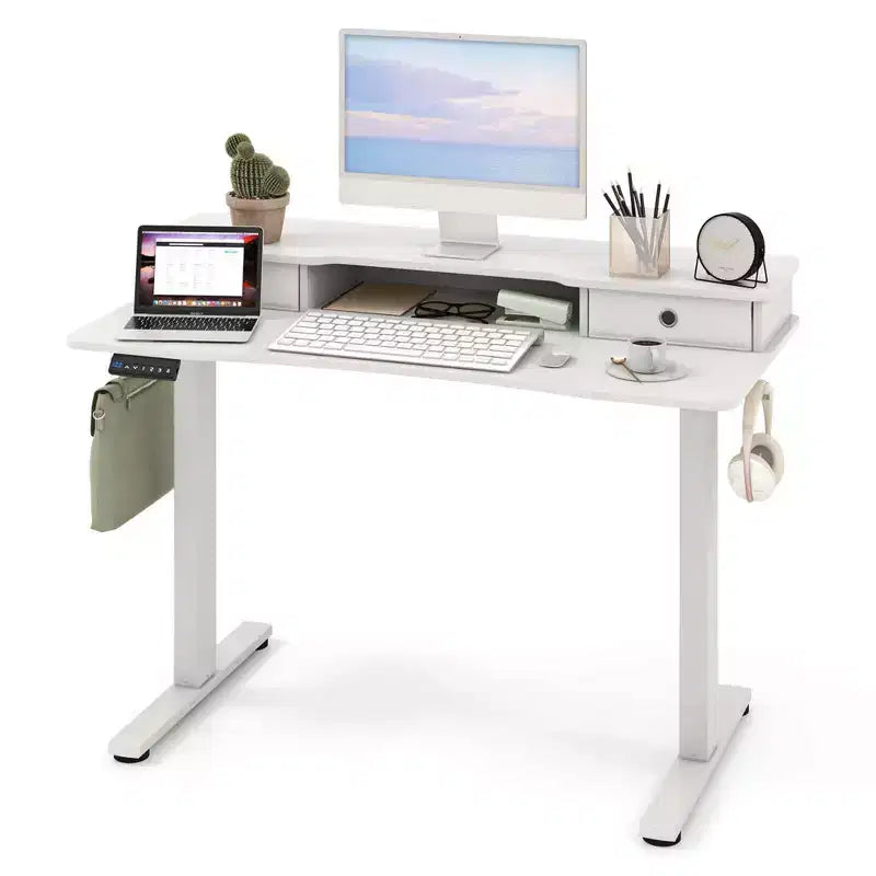 Bureau électrique debout 48"x24" avec 2 tiroirs, support d'écran et étagère de rangement