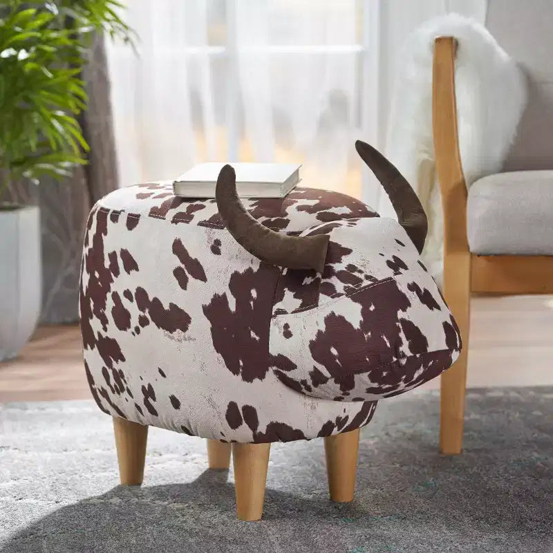 Pouffe Vache en Velours et Bois d'Hévéa Moderne