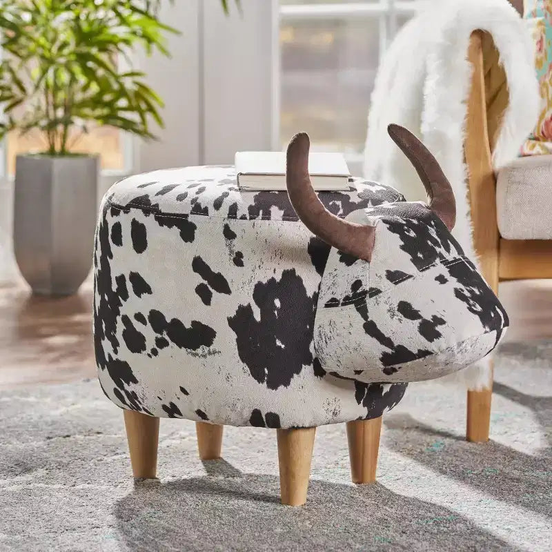 Pouffe Vache en Velours et Bois d'Hévéa Moderne