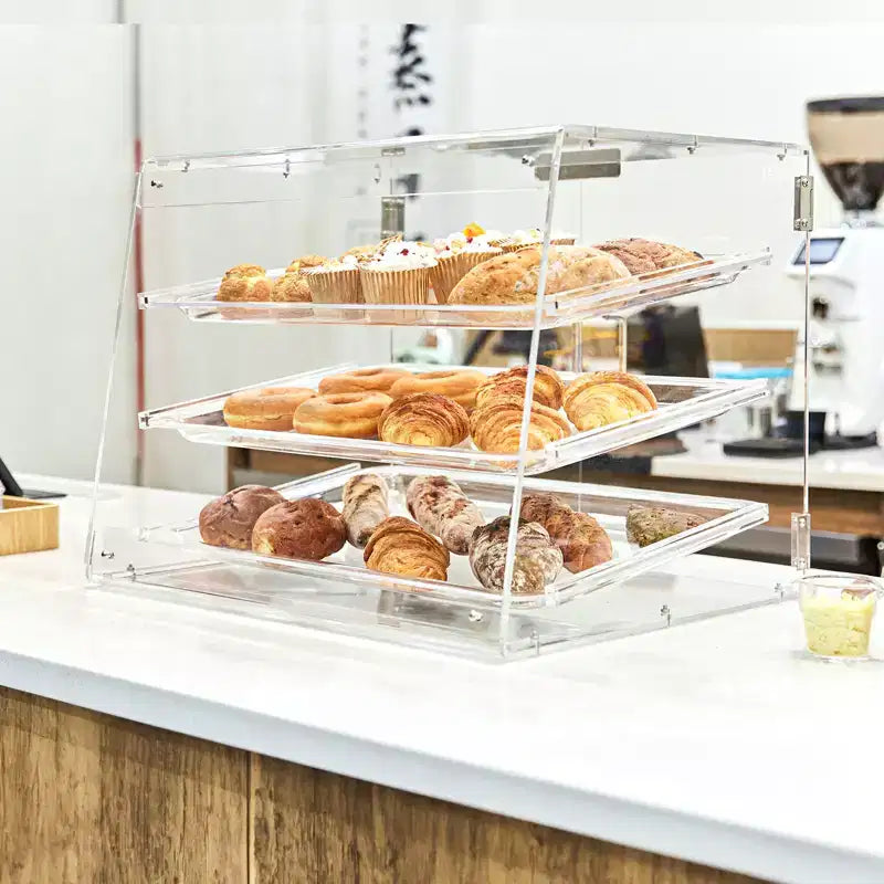 Vitrine de comptoir commerciale 3 niveaux pour boulangerie, boîte en acrylique avec porte arrière, 20,7x14,2x16,3"
