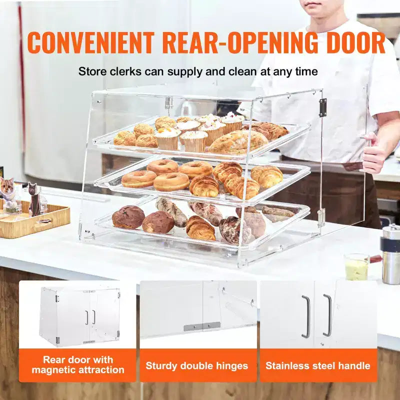 Vitrine de comptoir commerciale 3 niveaux pour boulangerie, boîte en acrylique avec porte arrière, 20,7x14,2x16,3"