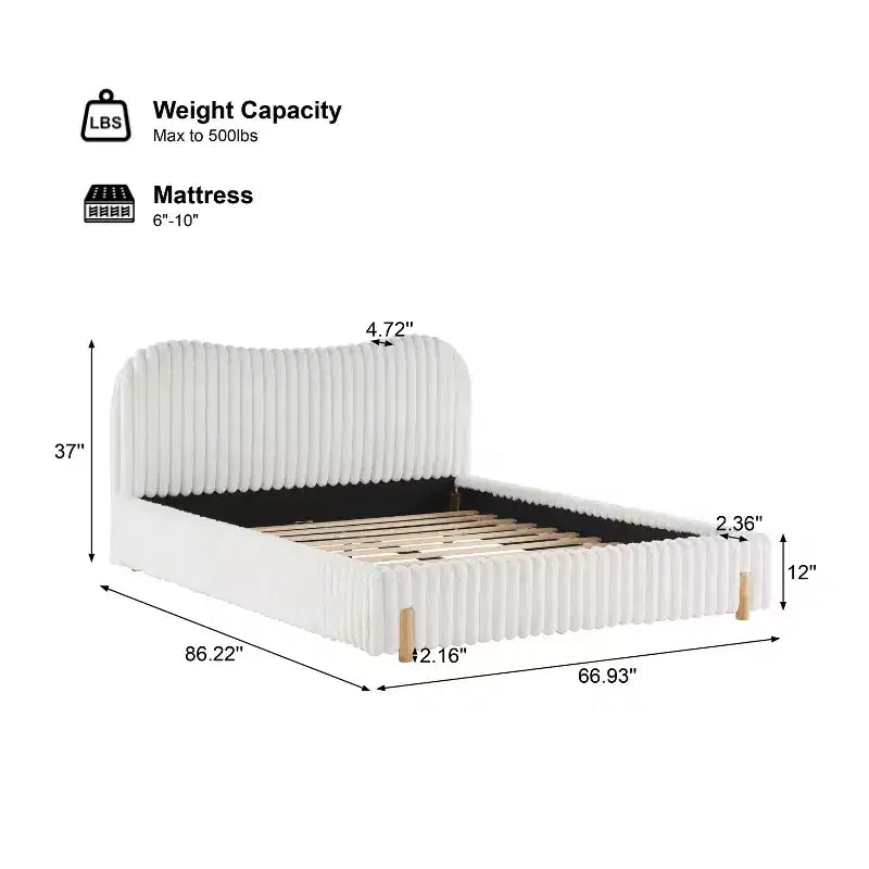 Lit plateforme rembourré en bouclette avec tête de lit ondulée et surpiqûres verticales, blanc