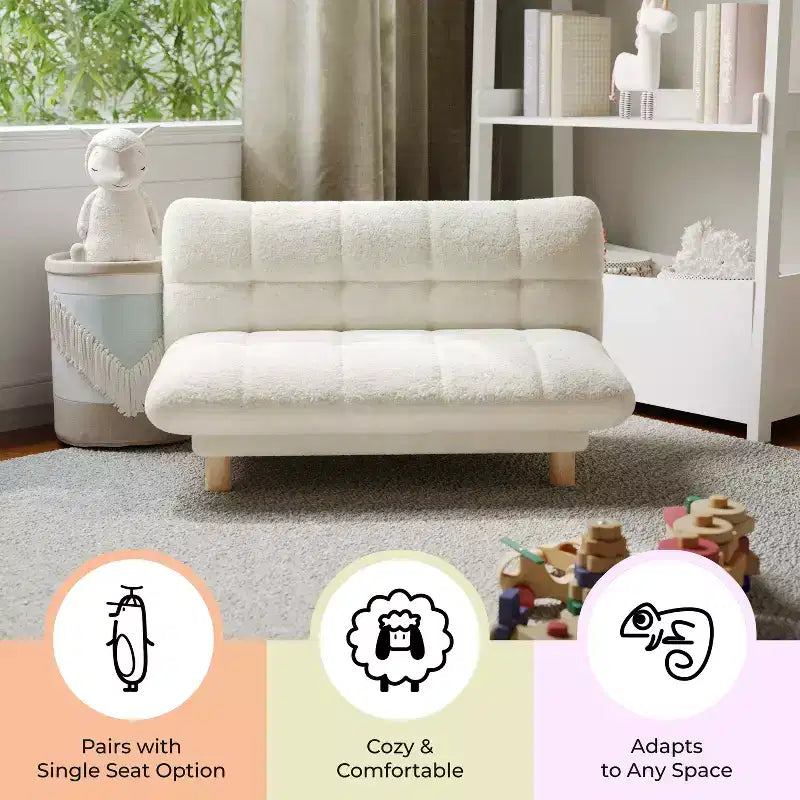 Canapé Enfant Touffeté en Fausse Fourrure de Mouton avec Pieds en Bois, Guimauve
