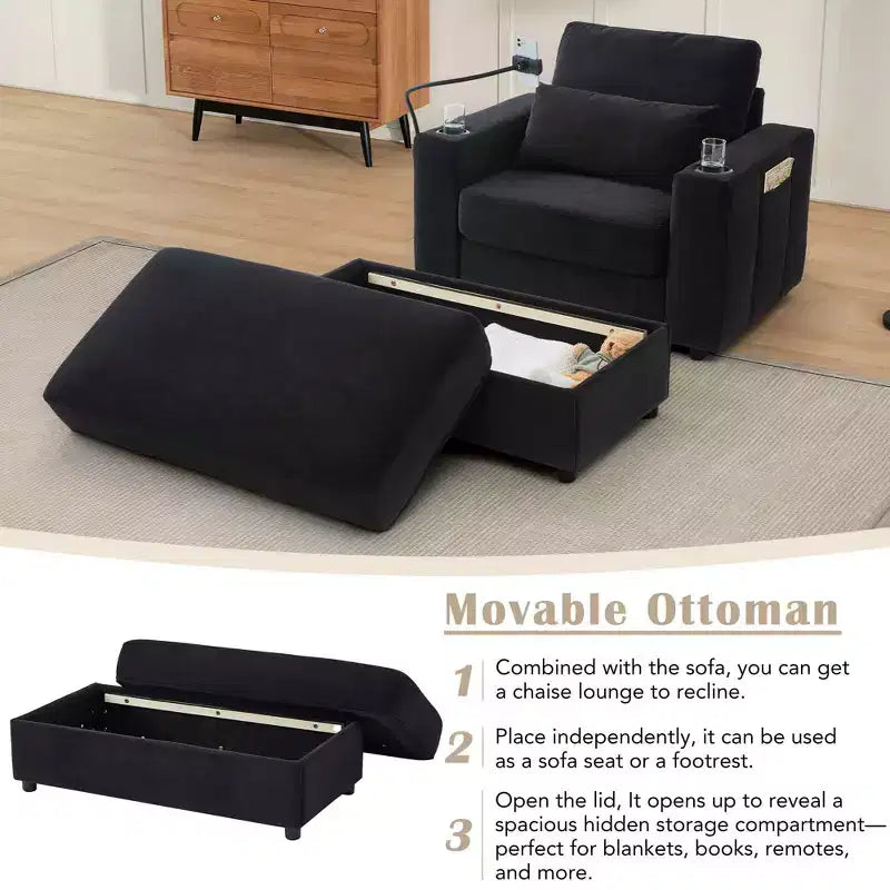 Chaise longue de 108 cm avec pouf de rangement, porte-gobelets et poches latérales, noir