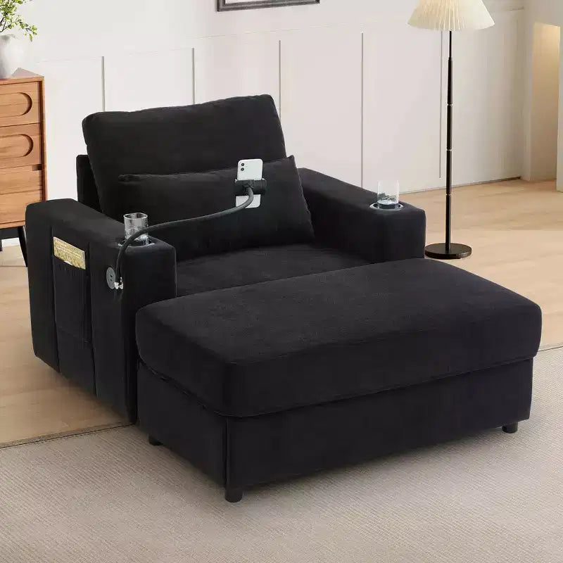 Chaise longue de 108 cm avec pouf de rangement, porte-gobelets et poches latérales, noir