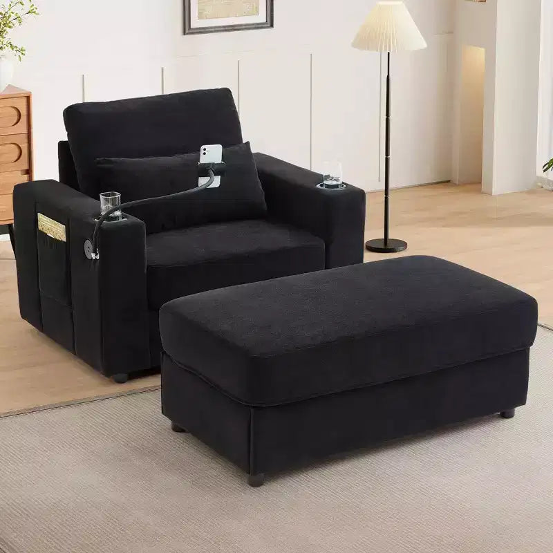 Chaise longue de 108 cm avec pouf de rangement, porte-gobelets et poches latérales, noir