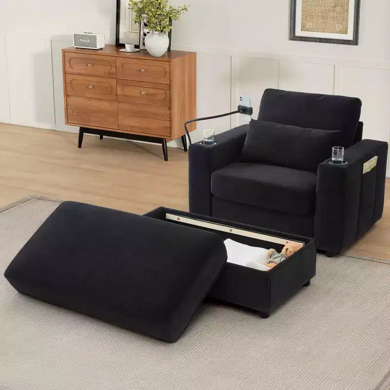 Chaise longue de 108 cm avec pouf de rangement, porte-gobelets et poches latérales, noir