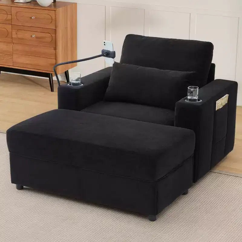 Chaise longue de 108 cm avec pouf de rangement, porte-gobelets et poches latérales, noir