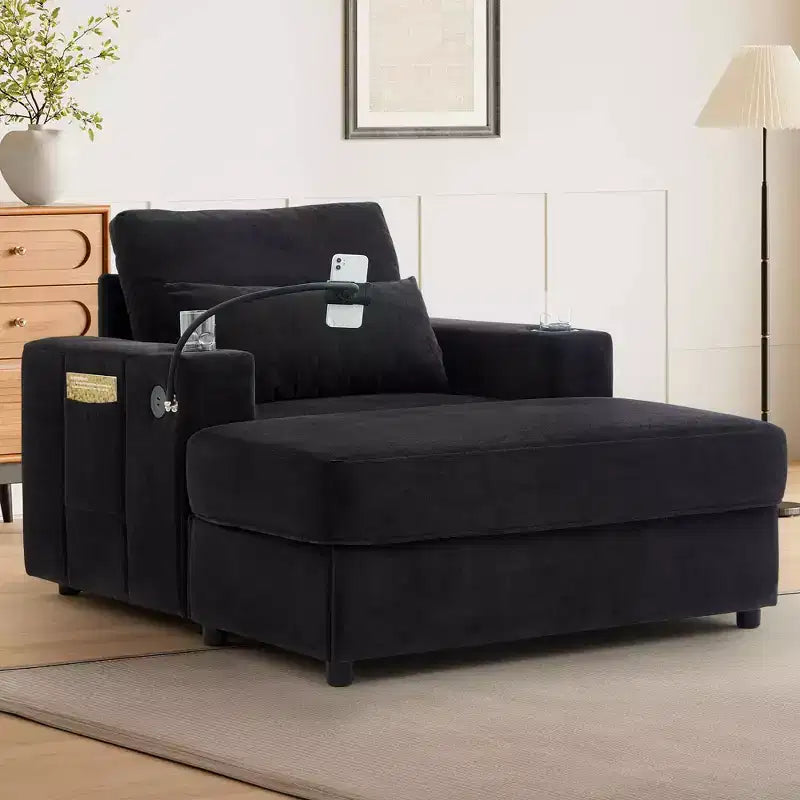 Chaise longue de 108 cm avec pouf de rangement, porte-gobelets et poches latérales, noir
