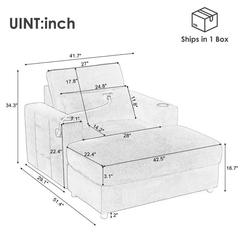 Chaise longue de 108 cm avec pouf de rangement, porte-gobelets et poches latérales, noir