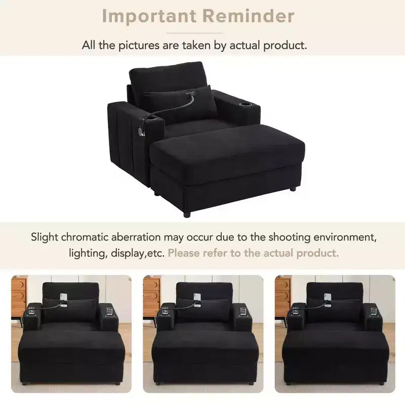 Chaise longue de 108 cm avec pouf de rangement, porte-gobelets et poches latérales, noir
