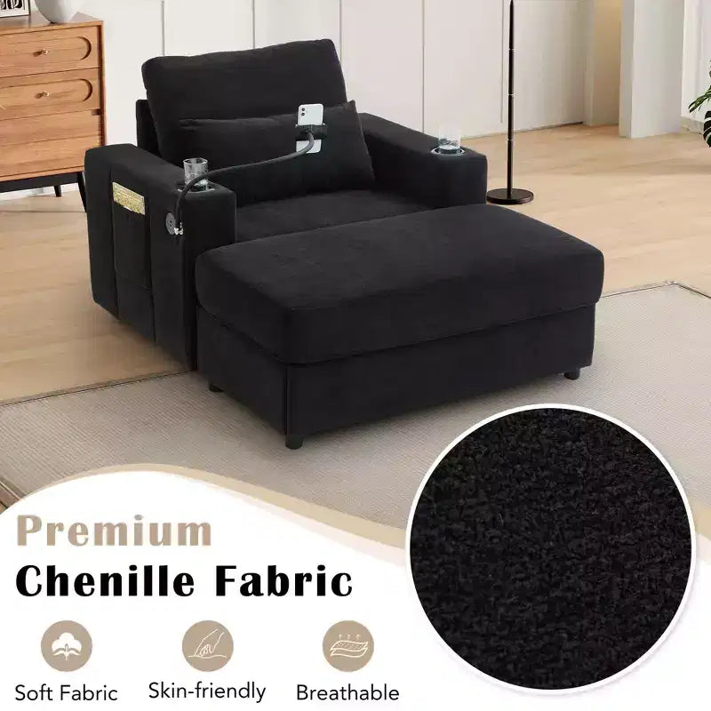 Chaise longue de 108 cm avec pouf de rangement, porte-gobelets et poches latérales, noir