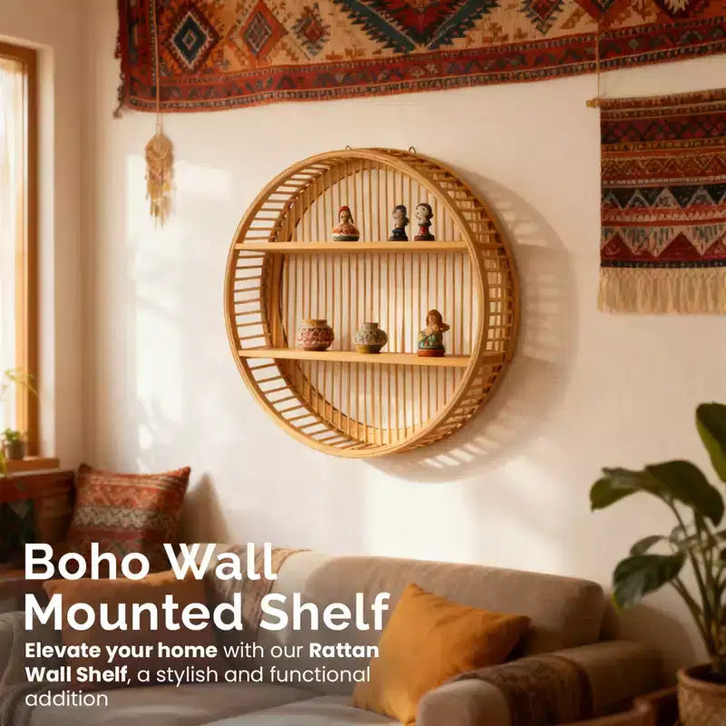 Étagère murale ronde en bambou avec 2 niveaux en bois, étagère flottante de présentation