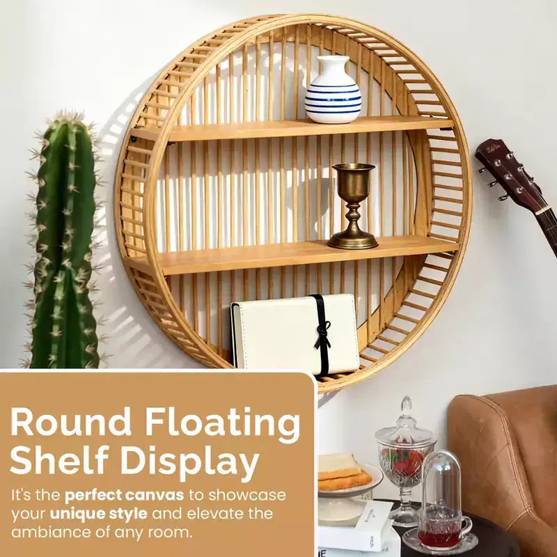 Étagère murale ronde en bambou avec 2 niveaux en bois, étagère flottante de présentation