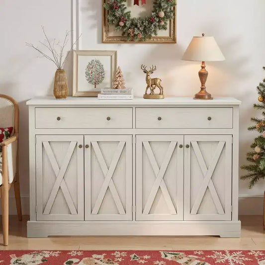 MAYEERTY Vintage Storage Cabinet with Two Drawers Four Door for Living Room Kitchen Bedroom White
