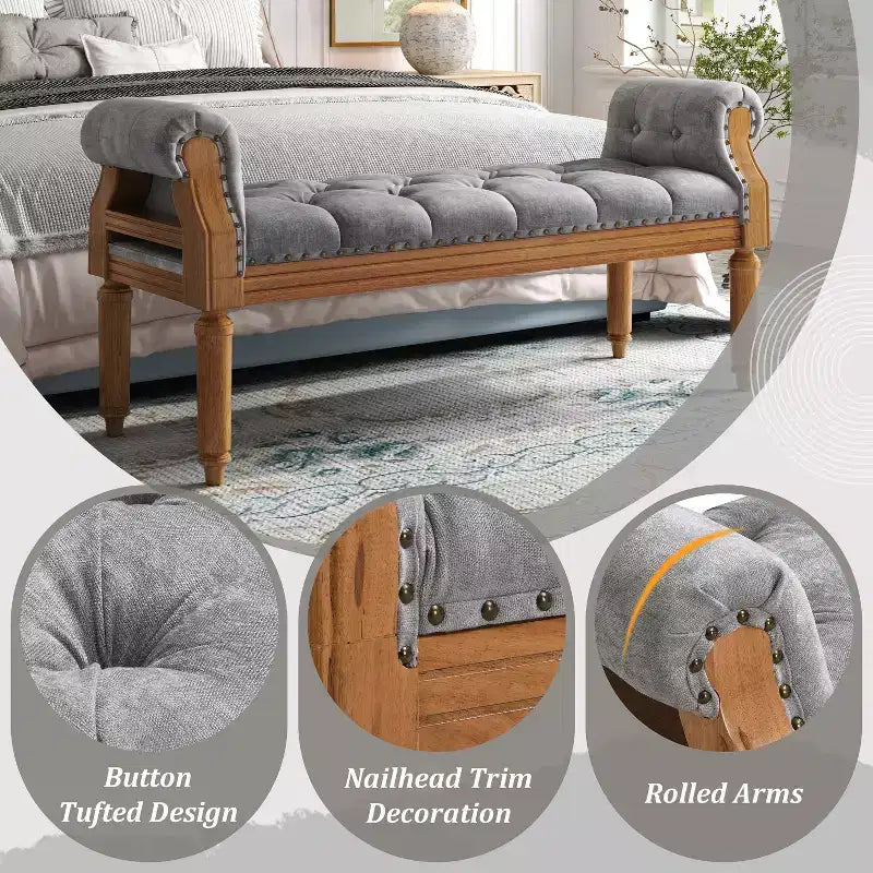 Banc de lit capitonné avec accoudoirs roulés, pouf ottoman de style Mid-Century