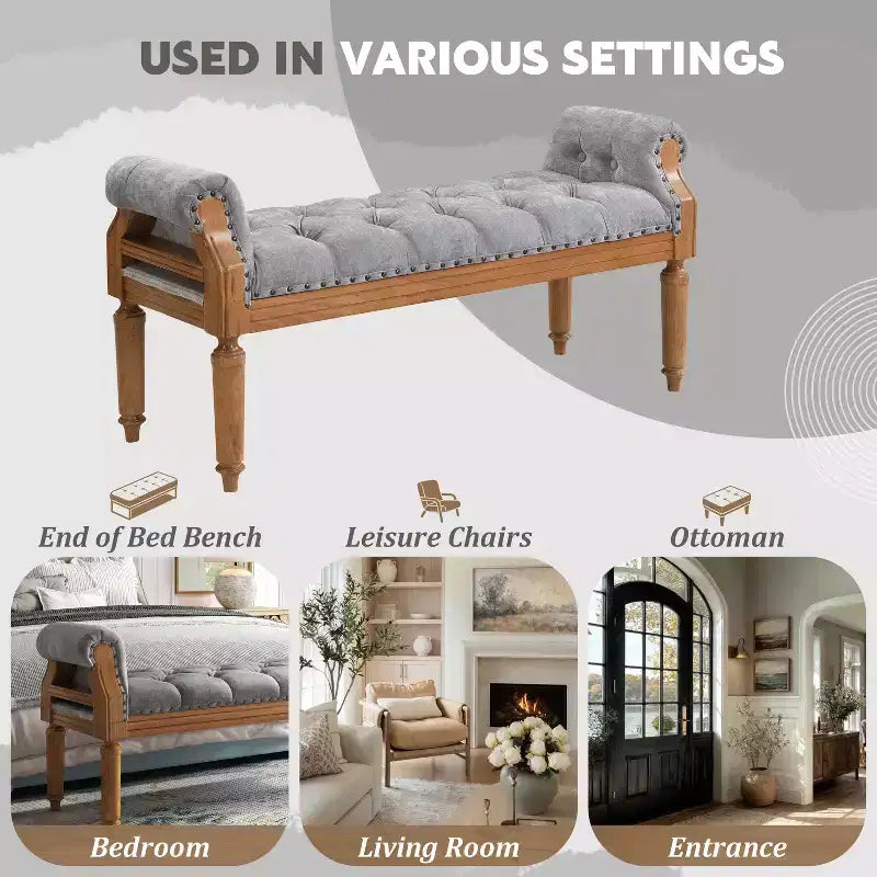 Banc de lit capitonné avec accoudoirs roulés, pouf ottoman de style Mid-Century