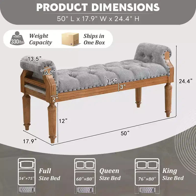 Banc de lit capitonné avec accoudoirs roulés, pouf ottoman de style Mid-Century
