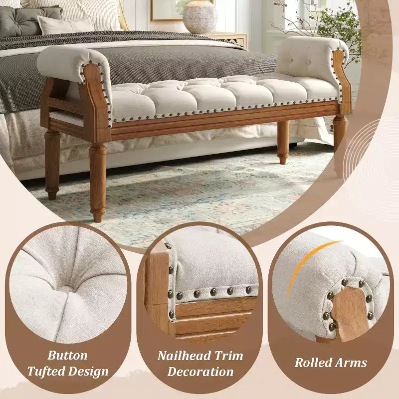 Banc de lit capitonné avec accoudoirs roulés, pouf ottoman de style Mid-Century