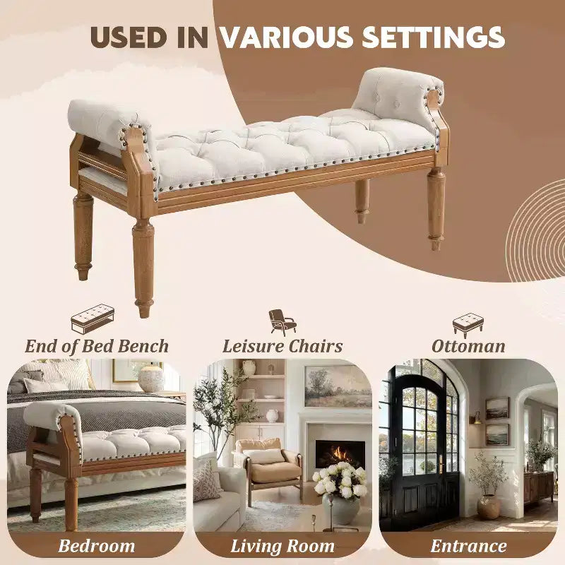 Banc de lit capitonné avec accoudoirs roulés, pouf ottoman de style Mid-Century