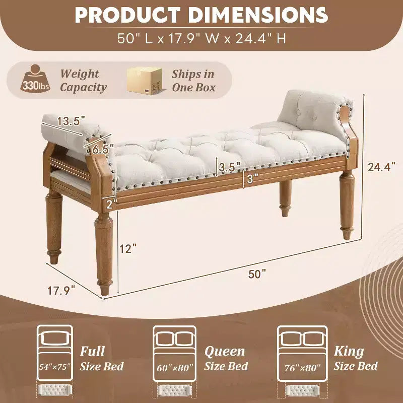 Banc de lit capitonné avec accoudoirs roulés, pouf ottoman de style Mid-Century