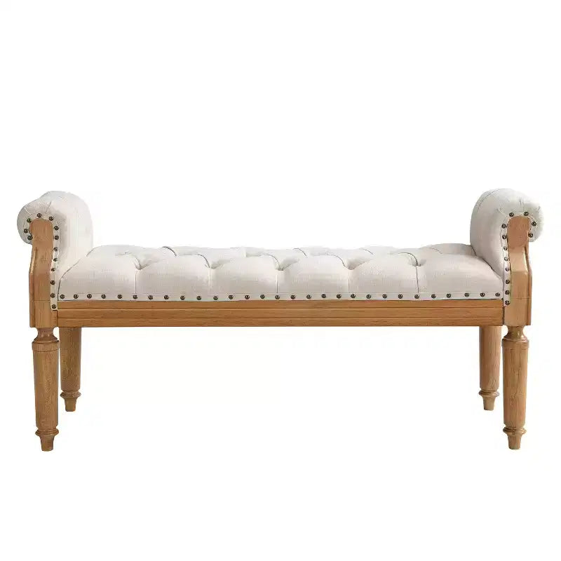 Banc de lit capitonné avec accoudoirs roulés, pouf ottoman de style Mid-Century