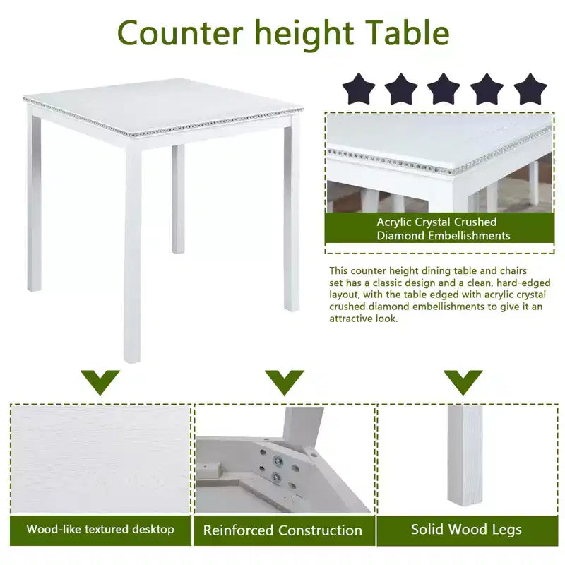 Table à manger carrée à hauteur de comptoir pour 4, table de cuisine blanche pour petits espaces