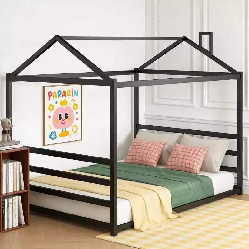 Cadre de lit en métal en forme de maison, taille Queen, noir