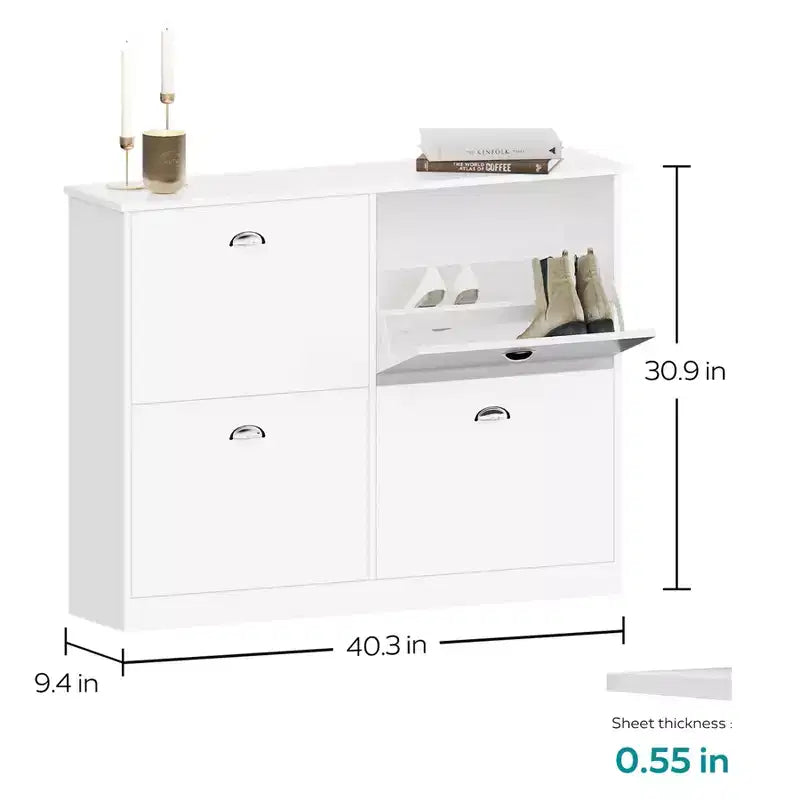 Meuble à chaussures ultra-mince de 101,6 cm avec 4 tiroirs basculants et mécanisme anti-basculement, blanc