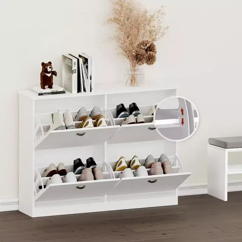 Meuble à chaussures ultra-mince de 101,6 cm avec 4 tiroirs basculants et mécanisme anti-basculement, blanc