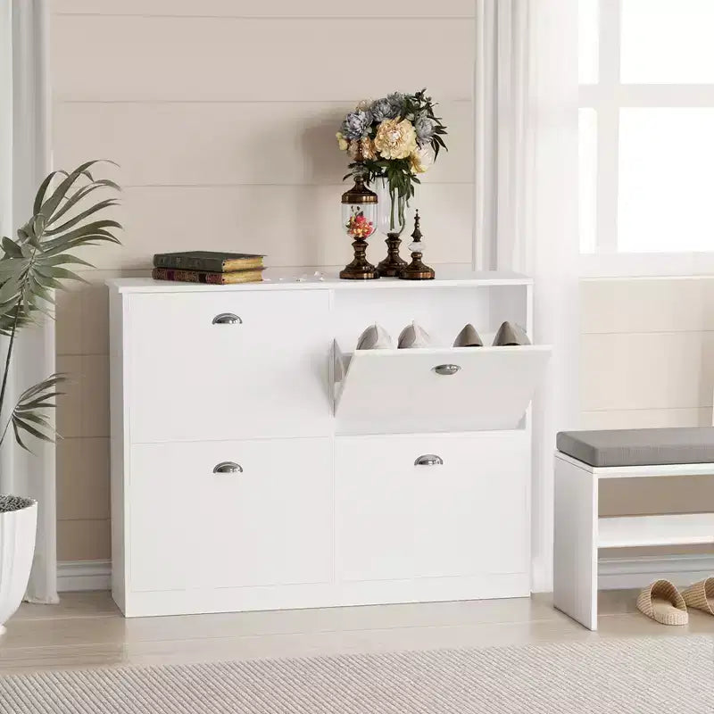 Meuble à chaussures ultra-mince de 101,6 cm avec 4 tiroirs basculants et mécanisme anti-basculement, blanc
