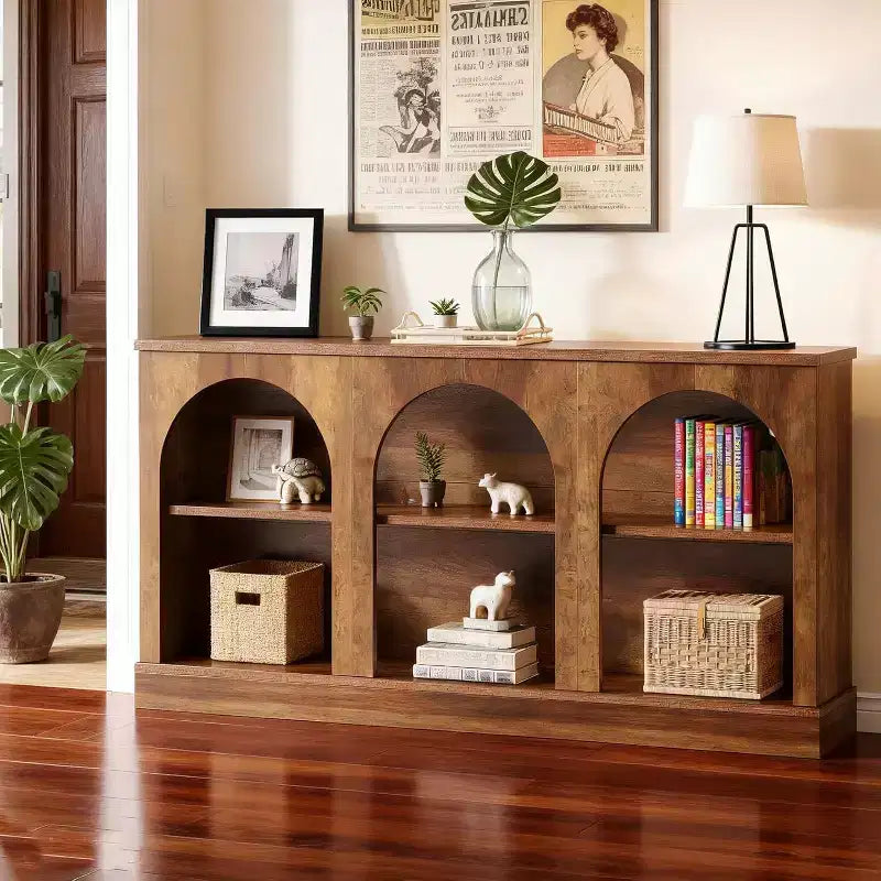 Console de couloir étroite de 160 cm avec étagère de rangement à 3 niveaux, marron rustique