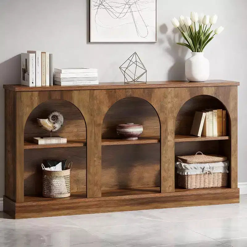 Console de couloir étroite de 160 cm avec étagère de rangement à 3 niveaux, marron rustique